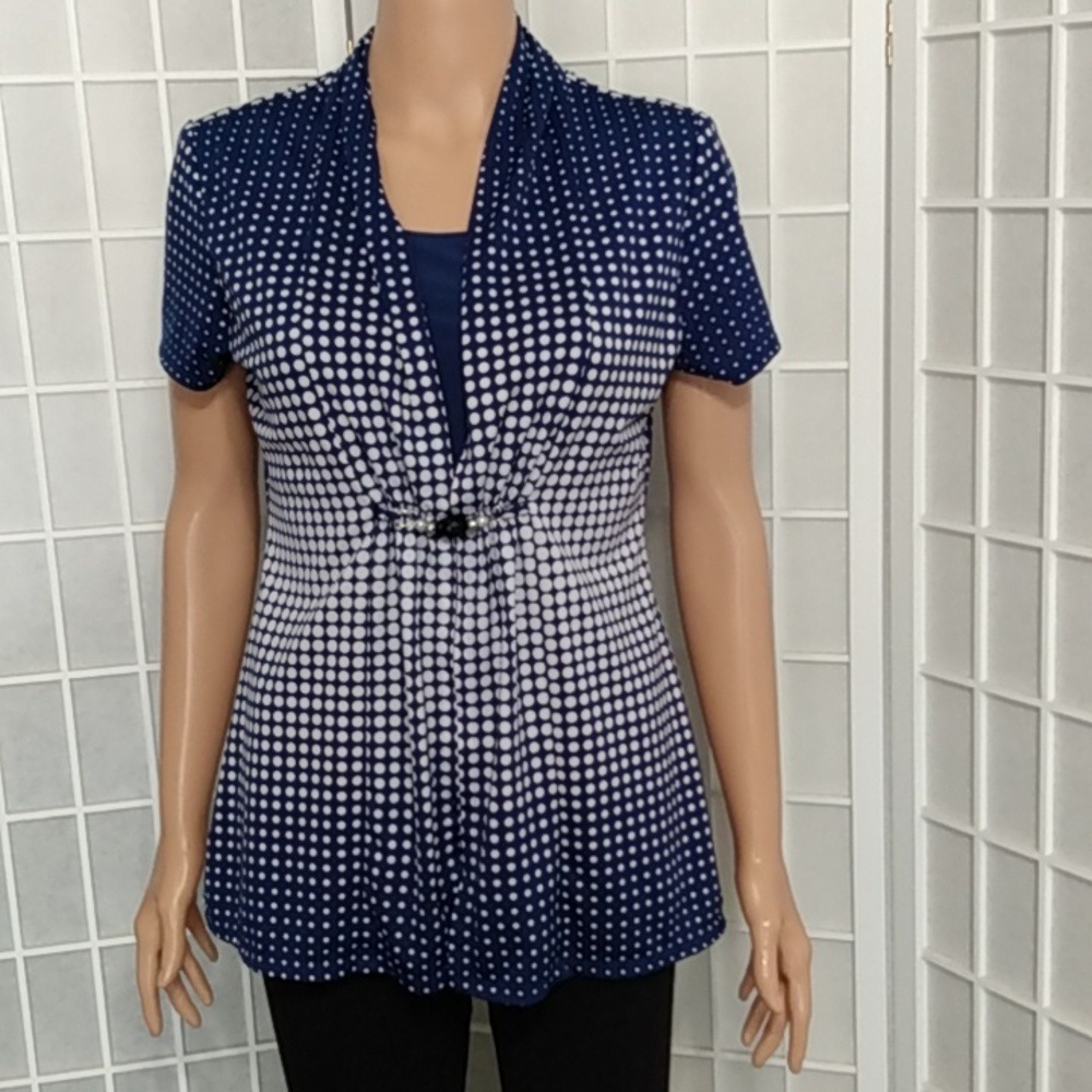 Notations Navy Blue Polka Dot Faux Wrap Top Beaded Waist Small